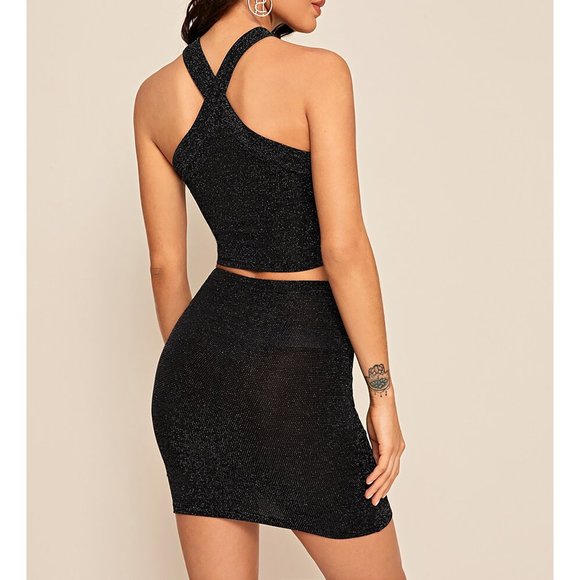 Black Silver Glitter Halter Top and Mini Skirt Set - Picture 2 of 6